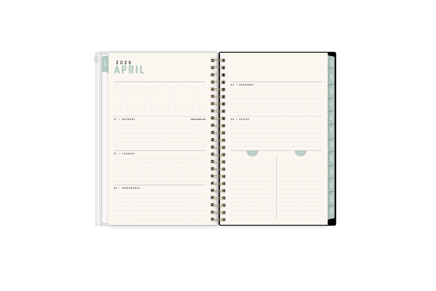 weekly monthly planner featuring a weekly layout with dotted lined writing space, and olive monthly tabs