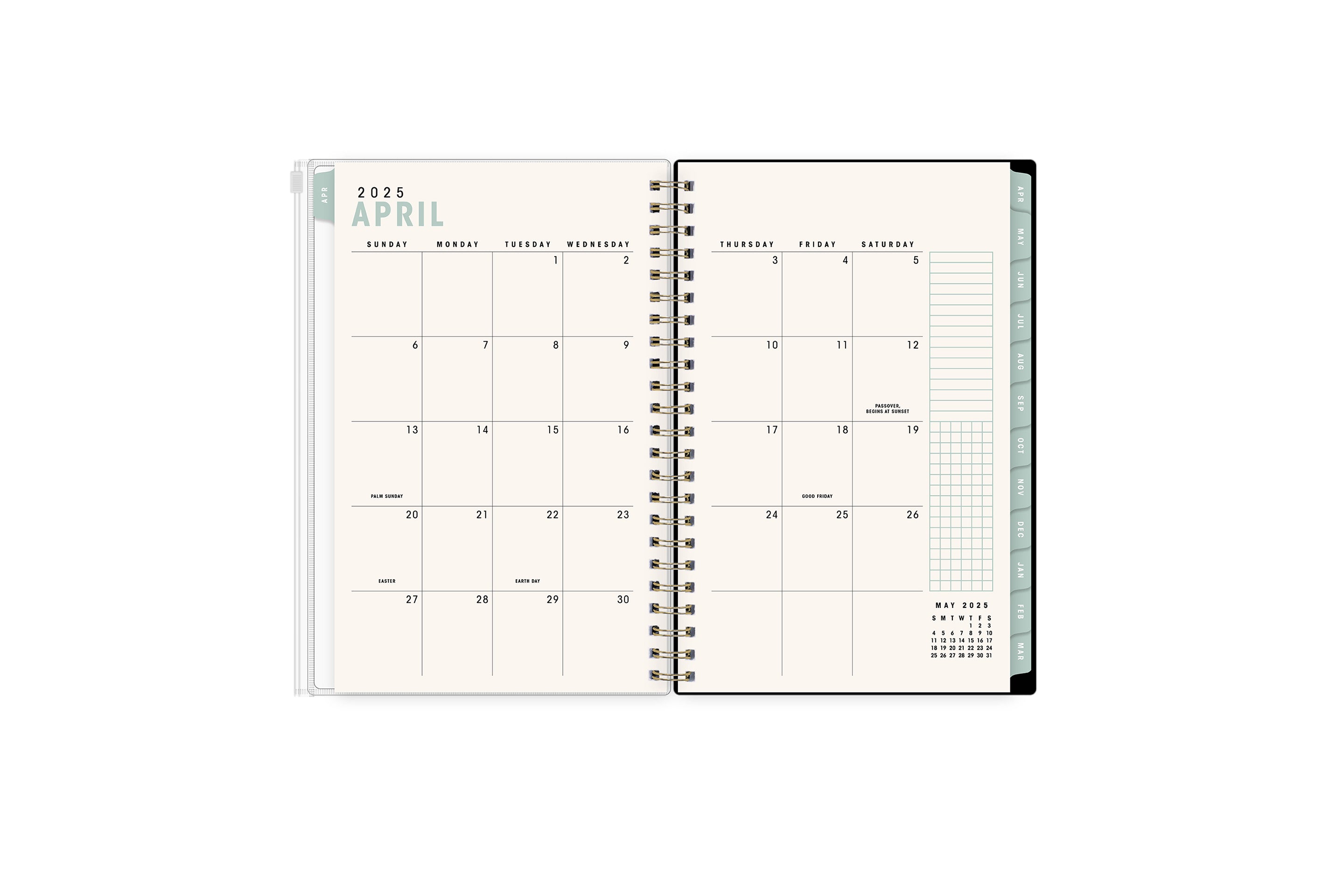 weekly monthly planner featuring a monthly layout with blank writing space, lined noted section, and grid section