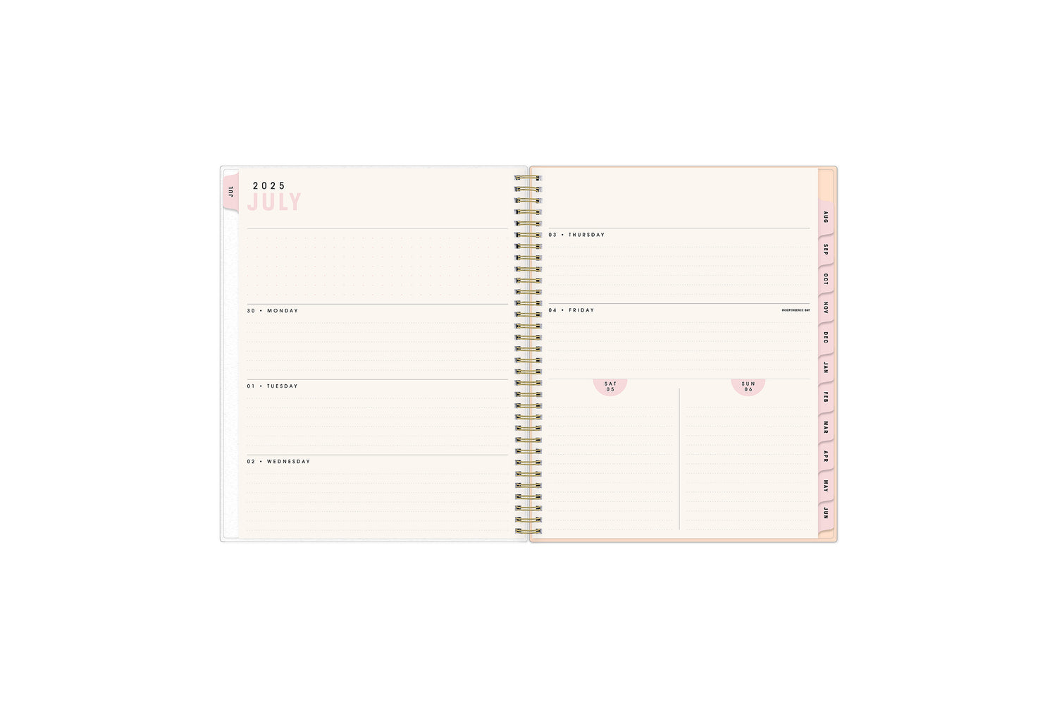 weekly monthly planner featuring a weekly layout with dotted lined writing space, and blush monthly tabs