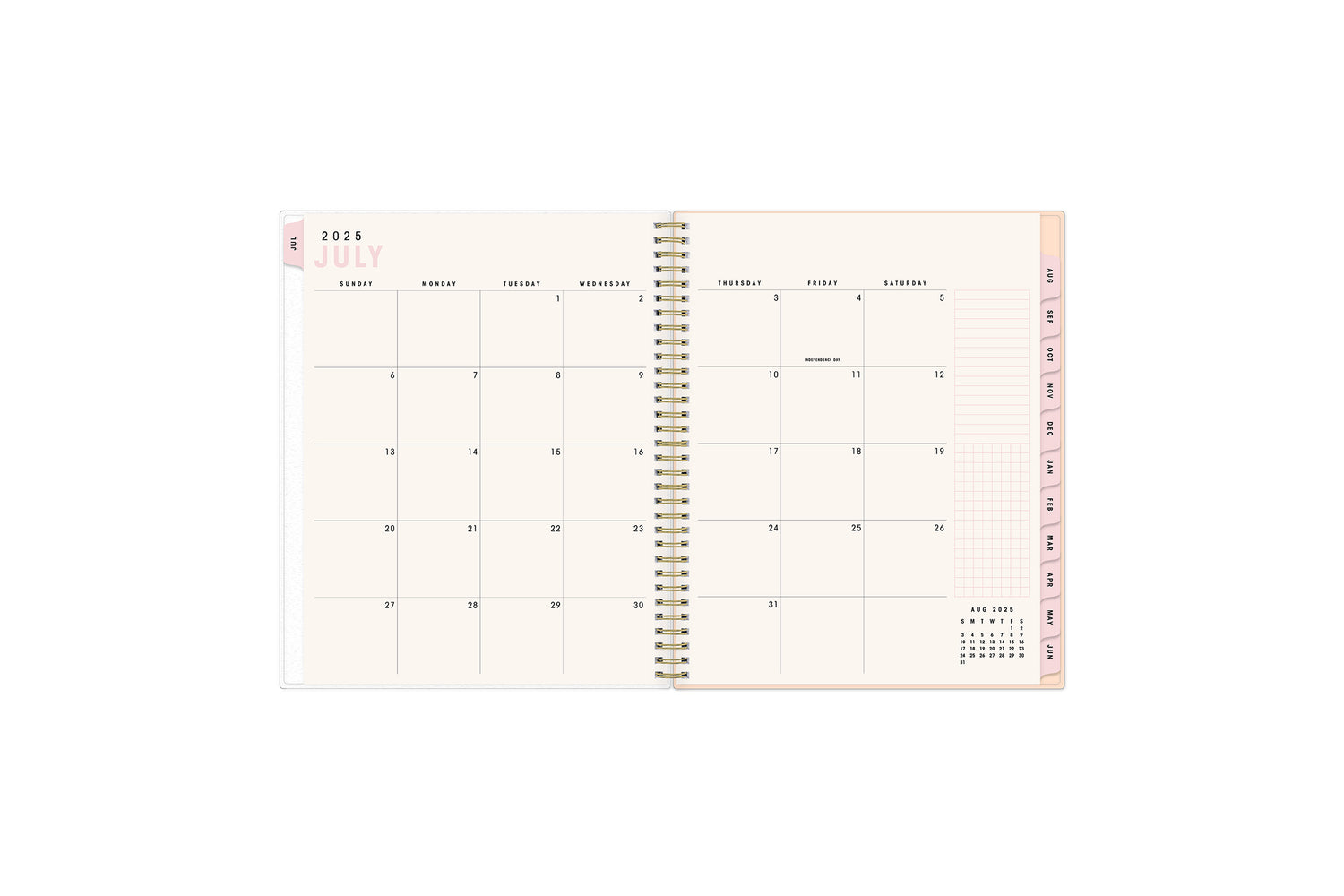 weekly monthly planner featuring a monthly layout with blank writing space, lined noted section, and grid section