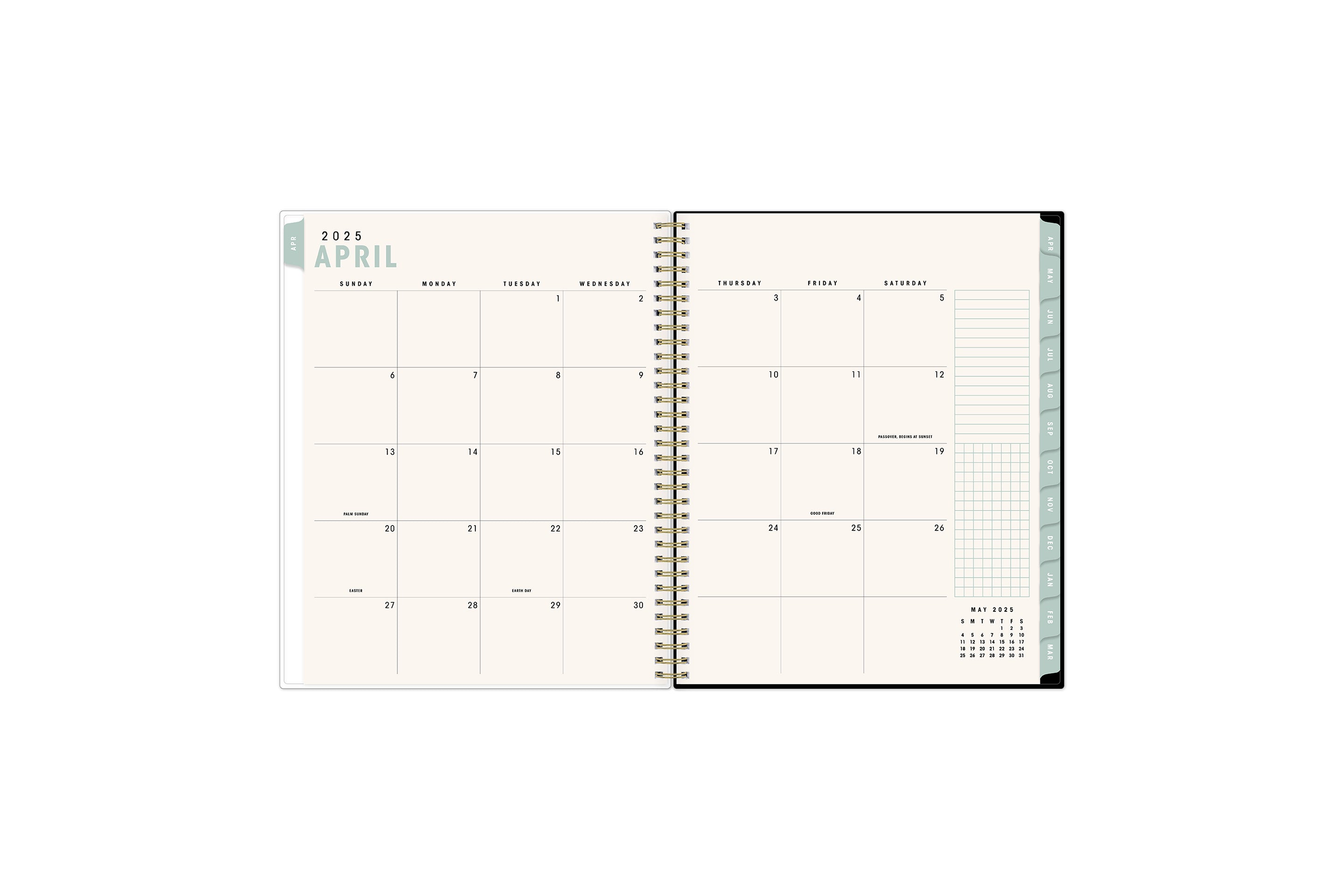 weekly monthly planner featuring a monthly layout with blank writing space, lined noted section, and grid section