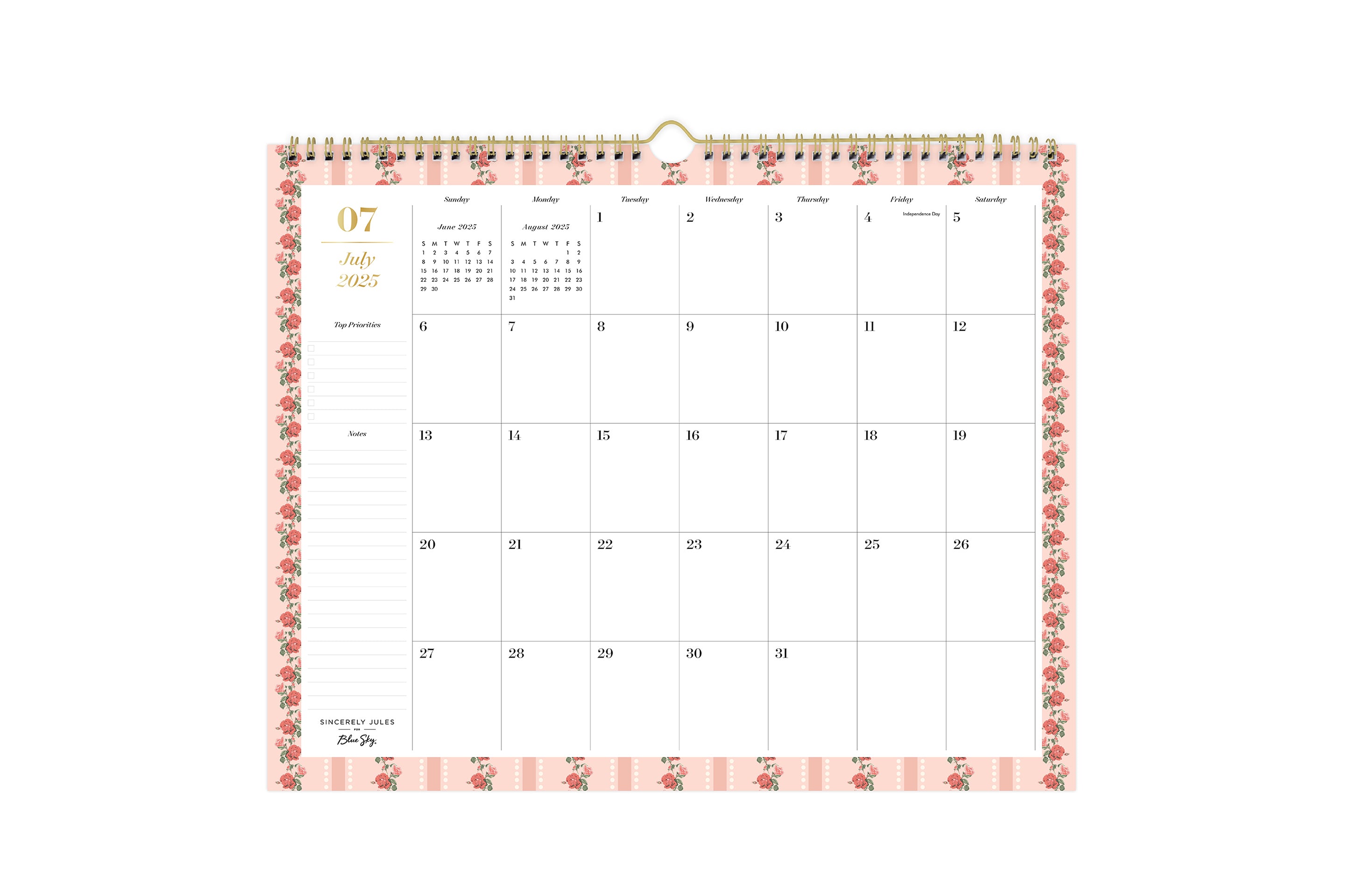 simple and functional 15x12 monthly calendar with roses bordering the whole calendar 2025-2026