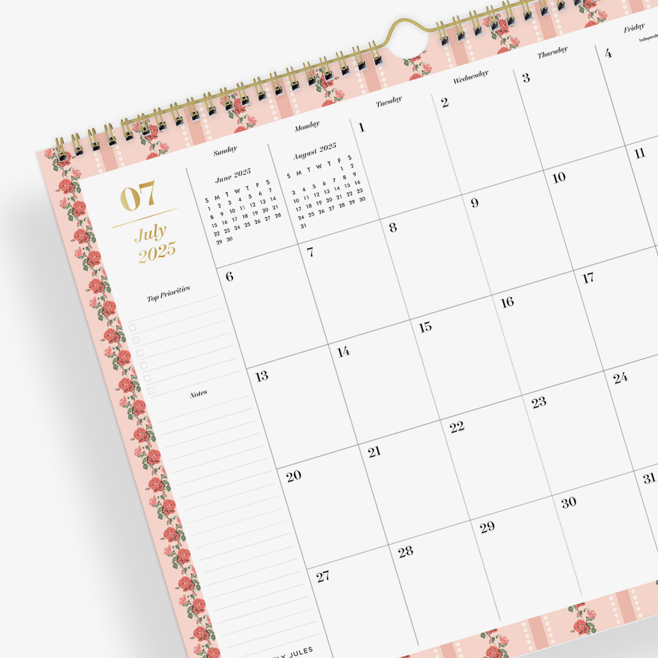 simple and functional 15x12 monthly calendar with roses bordering the whole calendar 2025-2026