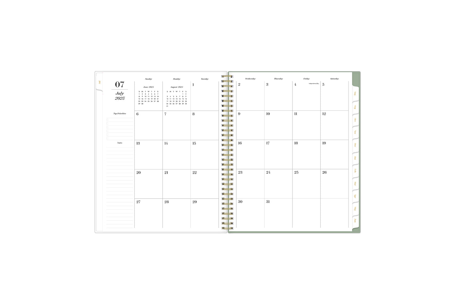 2025-2026 monthly spread featuring ample blank writing space, lined notes section, monthly tabs, and top priorities.