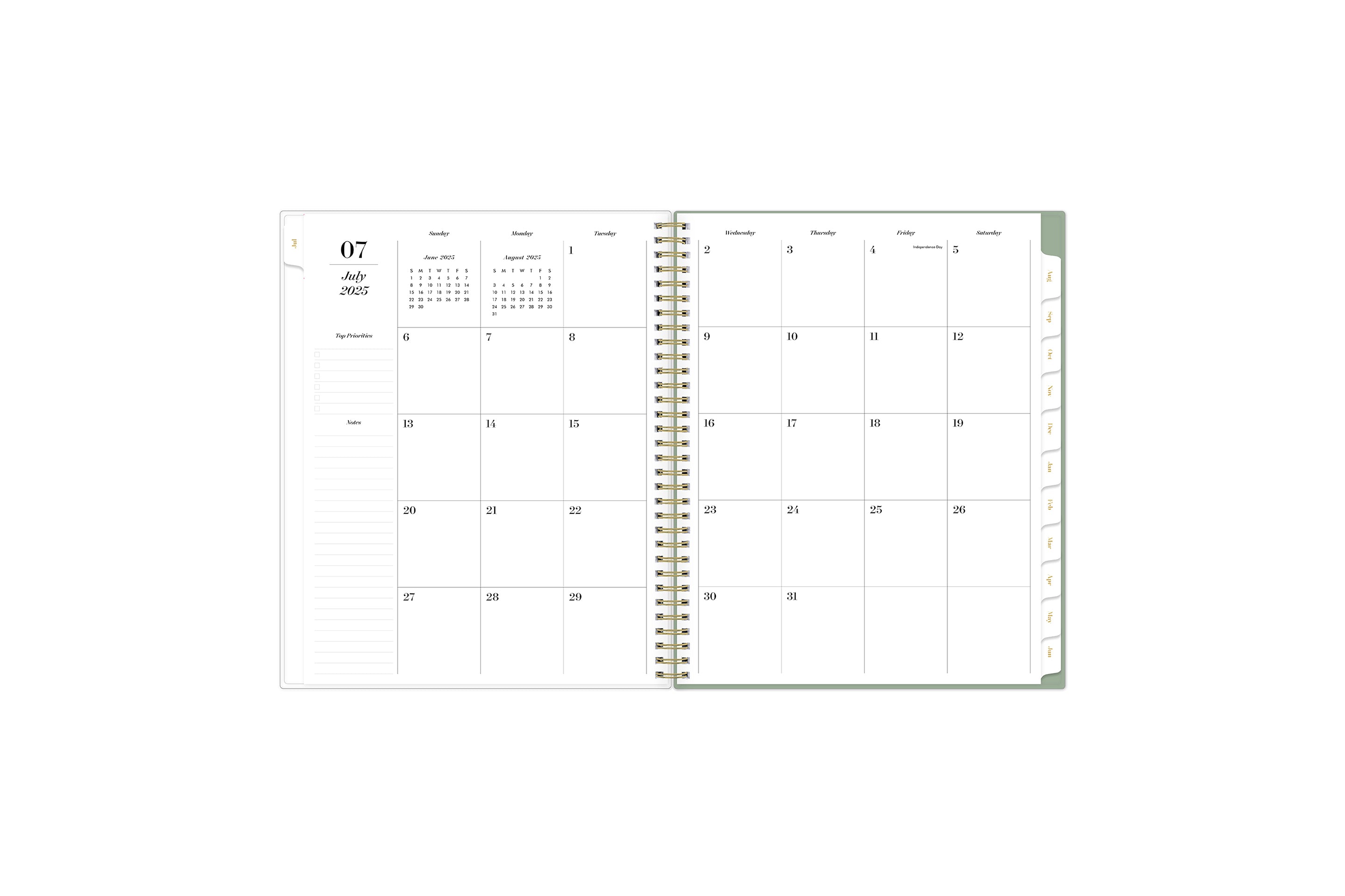 2025-2026 monthly spread featuring ample blank writing space, lined notes section, monthly tabs, and top priorities.