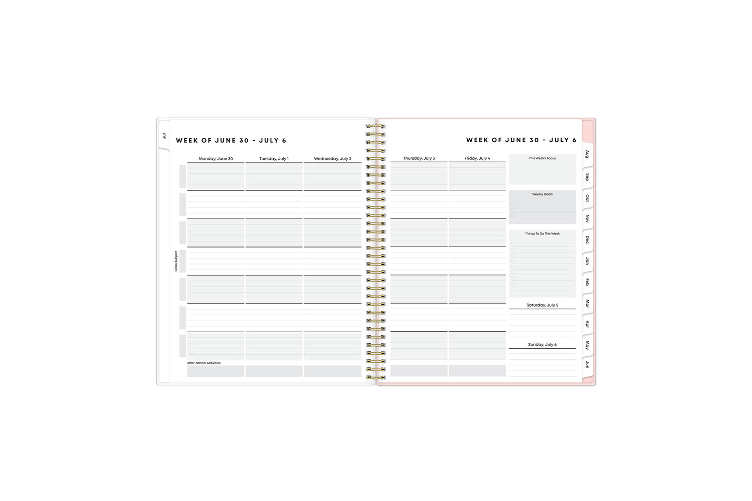 student planner featuring section for each subject, and planning with nice lined writing space, to dos, and top 3