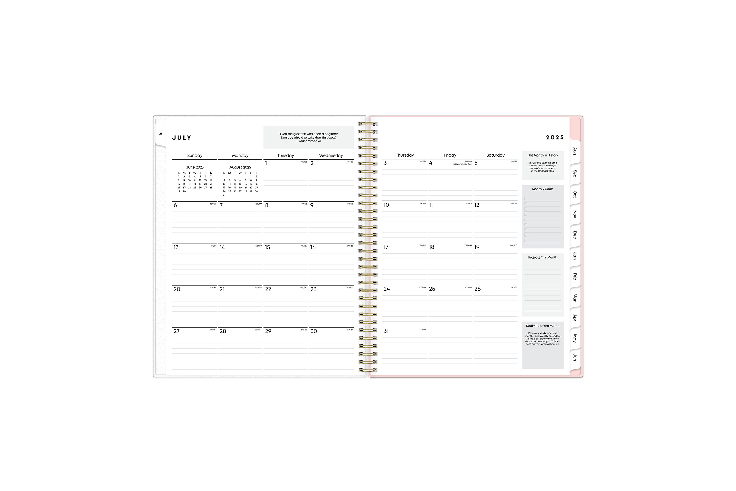 monthly spread on the student planner with lined writing space, goals, to dos, 