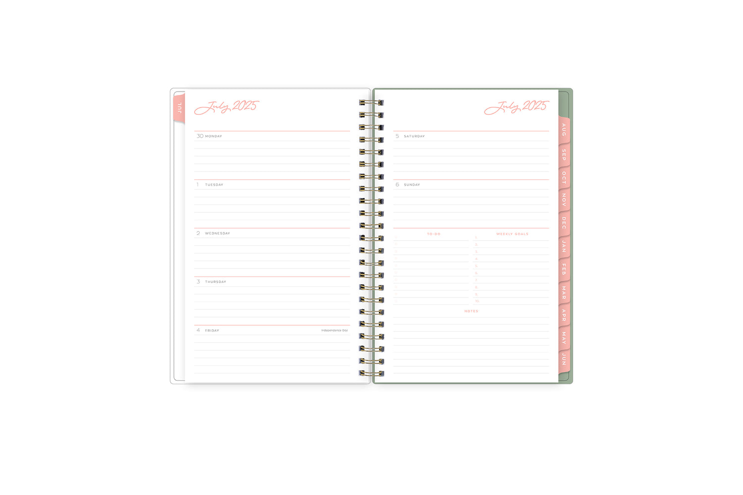 2025-2026 weekly monthly featuring a weekly spread with lined writing space, weekly goals, to-dos and notes