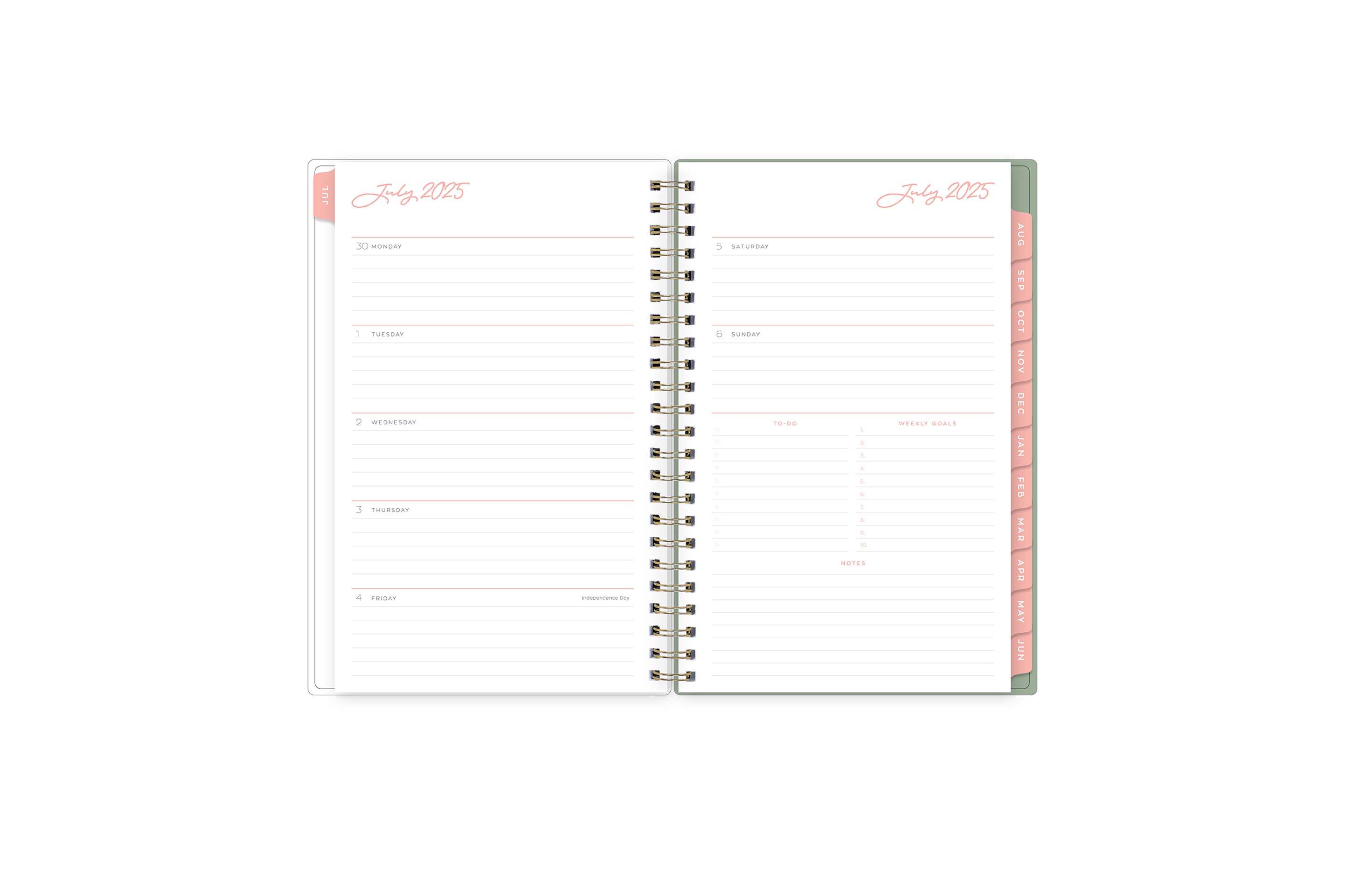 2025-2026 weekly monthly featuring a weekly spread with lined writing space, weekly goals, to-dos and notes