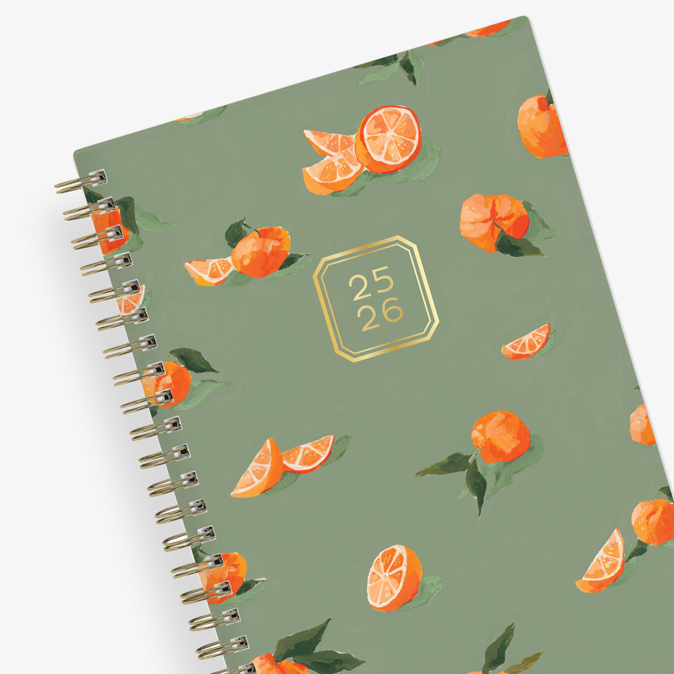 oranges front cover with olive background on this 5x8 2025-2026 academic planner